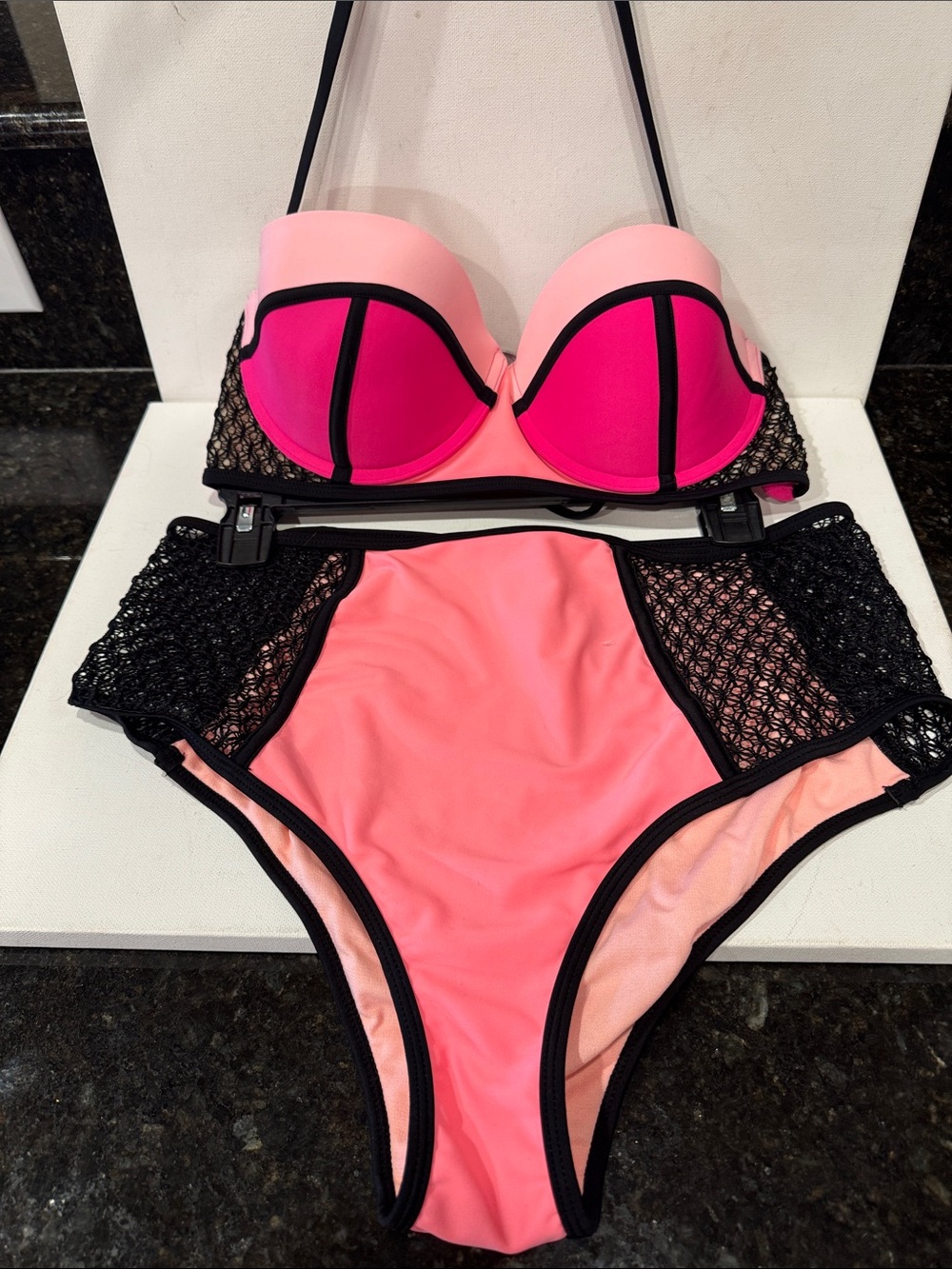 Xhilaration Neon Pink and Black High-Waist Two-Piece Bikini